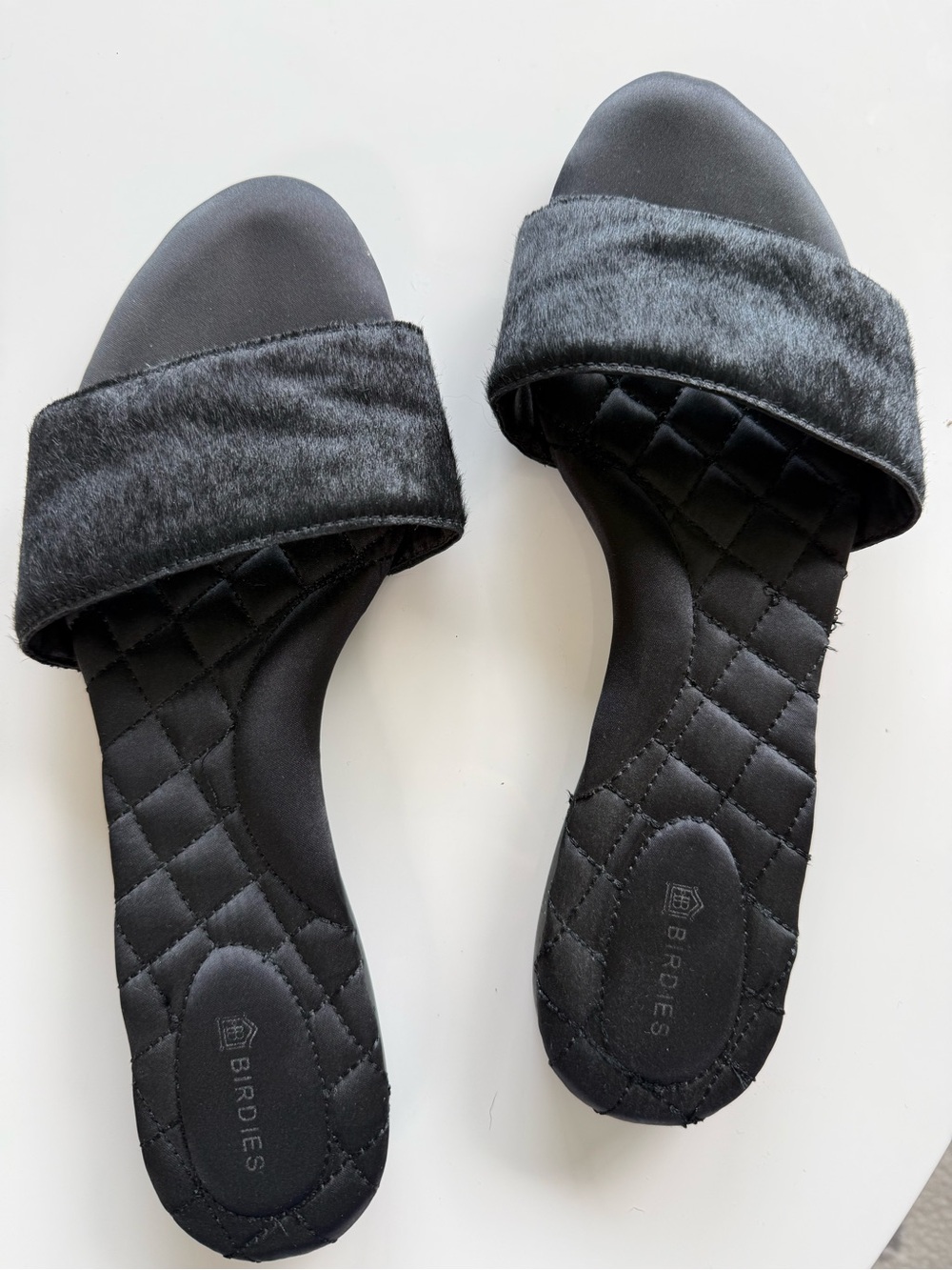 Birdies Sparrow - Horsehair Black Quilted Faux-Fur Slide Sandals - size 9